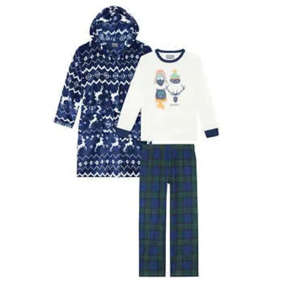 Eddie Bauer Youth 3 piece PJ Set with Robe, Reindeer blue Size Medium 10/12 - Picture 1 of 7
